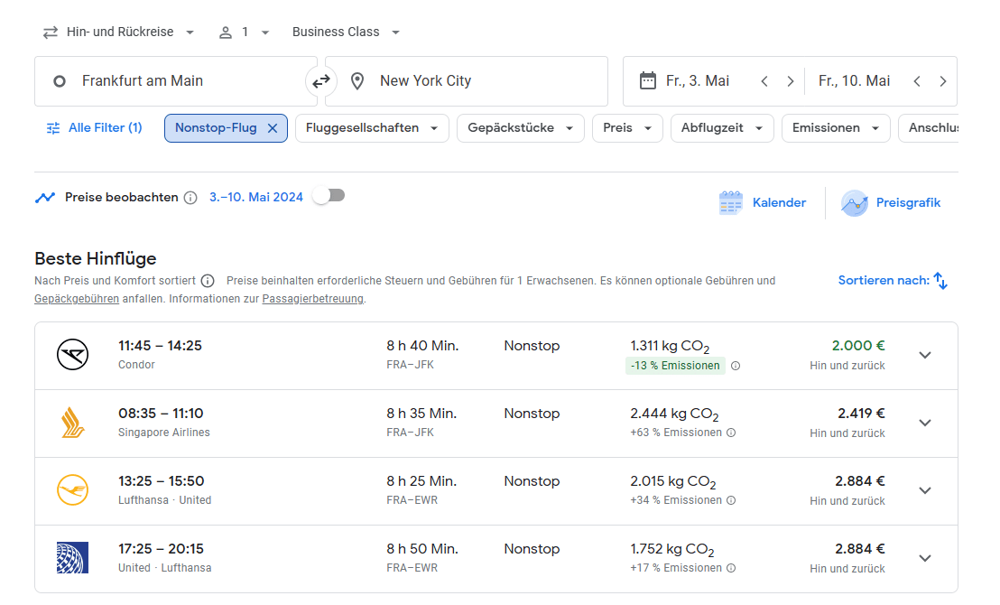 Preis Frankfurt New york google flights